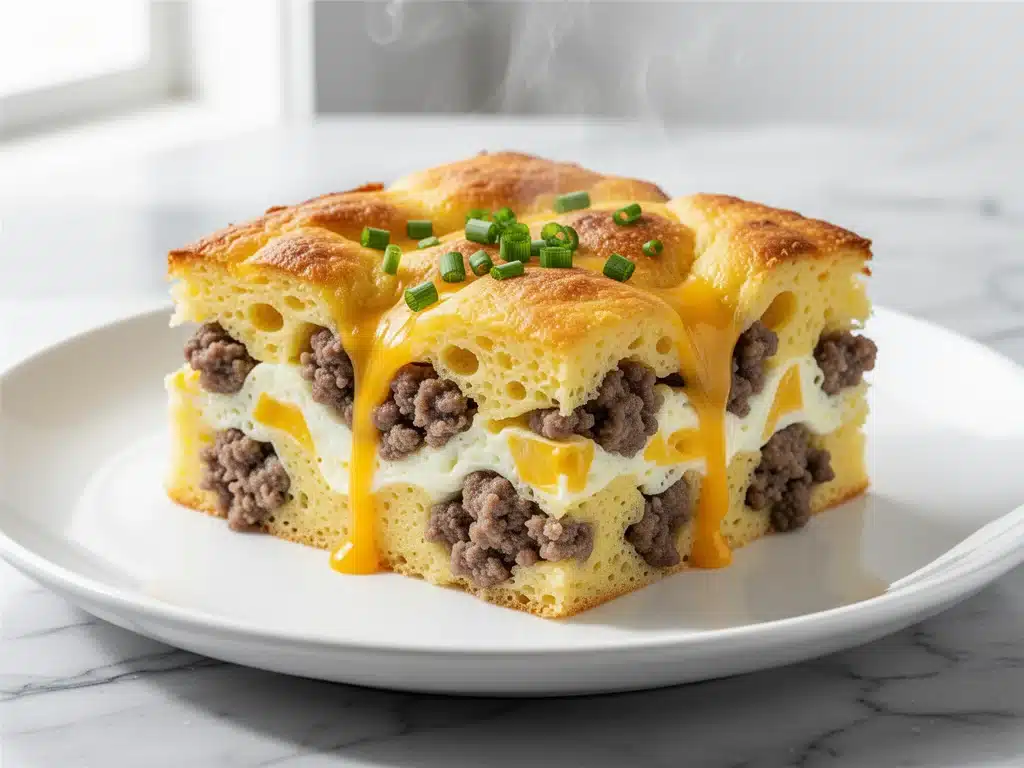 cheesy sausage and egg breakfast casserole - featured image