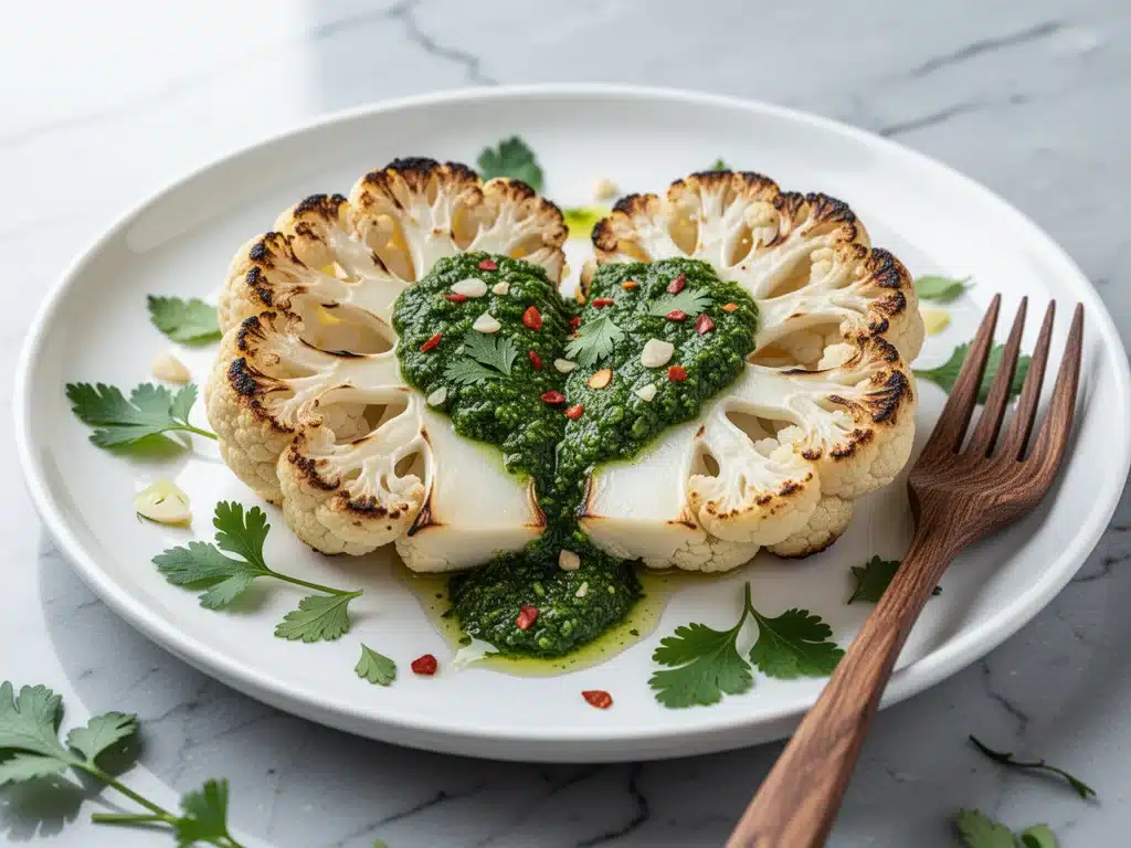 low-carb roasted cauliflower steaks with chimichurri - featured image