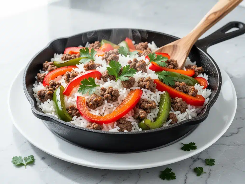 One-Pot Ground Beef and Rice Skillet: Easy Pepper Dinner 4 one-pot ground beef and rice skillet preparation steps