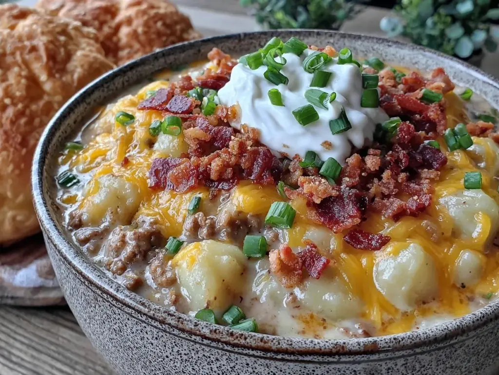 creamy cheeseburger potato soup with crispy bacon - featured image