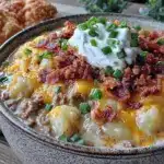 creamy cheeseburger potato soup with crispy bacon - featured image