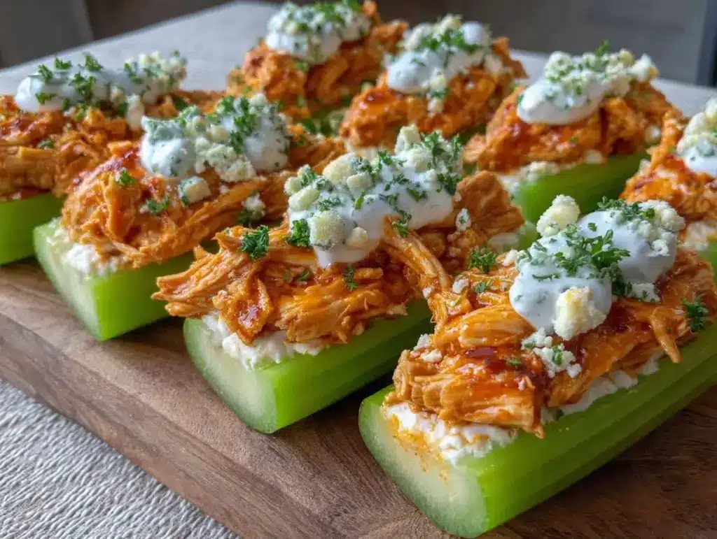 healthy buffalo chicken celery boats - featured image